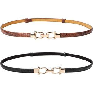Leather Women Belt Thin Waist Belts up to 37 Inches with Golden Buckle 2 Pack